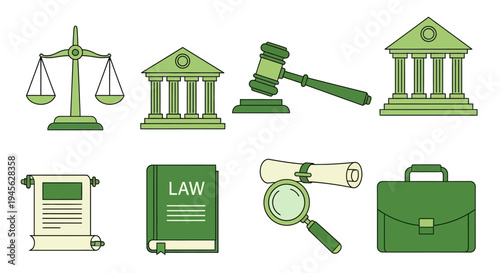 Green law icons on white background.