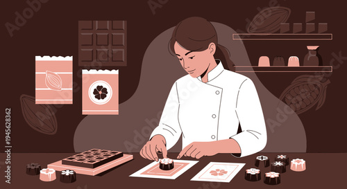 Confectioner Decorating Handmade Chocolates, Chocolate Bar and Cacao Illustration
