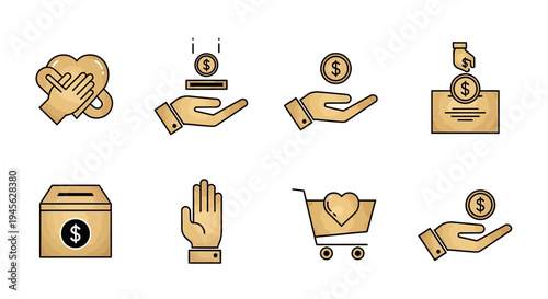 Hands holding money and shopping icons.