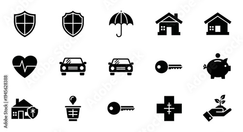 Black icons of various insurance symbols.