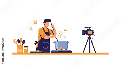 Cooking Show Creator Filming Online Recipe Tutorial with Camera