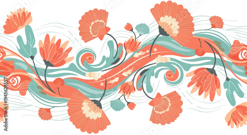 Coral & Teal Floral Wave Border - Abstract Decorative Pattern