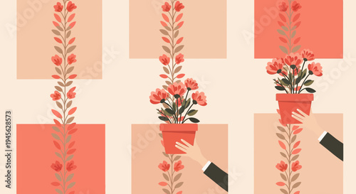 Coral Floral Growth Sequence: Hand Potted Plant Evolution, Decorative Pattern