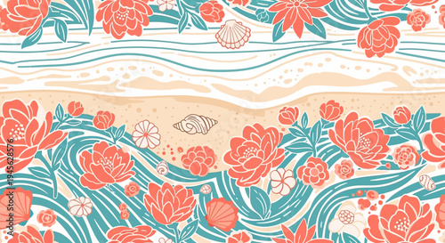 Coral Floral Beach Pattern Seamless Wave Background