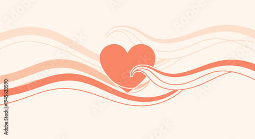 Coral Heart Shape with Flowing Waves and Swirls - Romantic Abstract Background