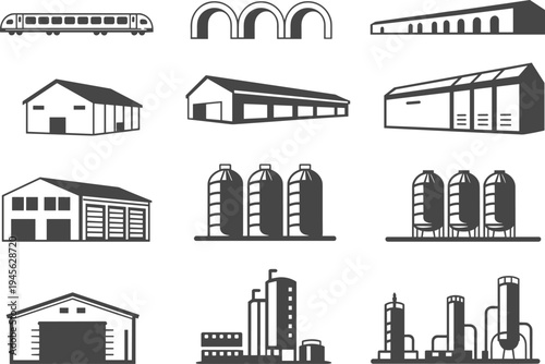 Industrial factory buildings and storage facilities icon set with warehouse, silos, refinery plants and train transport, manufacturing industry vector symbols collection