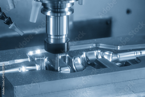 Fotografia High-precision CNC milling machine performing a finish cut on a forging die part using a ball nose end mill tool