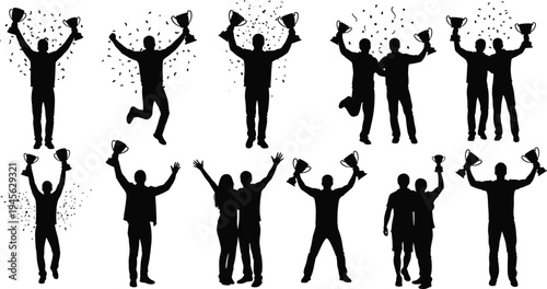 “Winner celebration silhouette set with people holding trophies, victory moments, champion success, and sports awards.” 