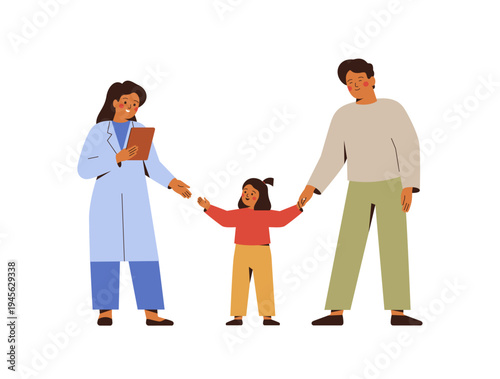 Girl with father talk with doctor in uniform. Happy child visited medical hospital for check up. Man with daughter has dialog with pediatric. Health care concept. vector illustration