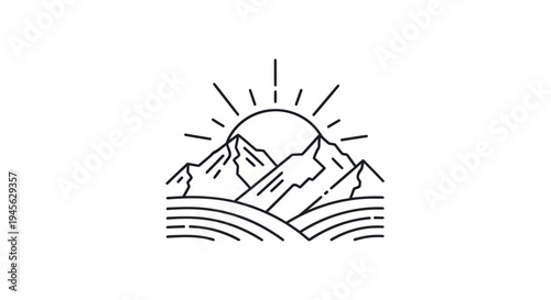Mountain sunrise line art illustration