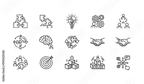 Puzzle teamwork and collaboration thin line vector icon pack for business strategy ideas innovation and problem solving