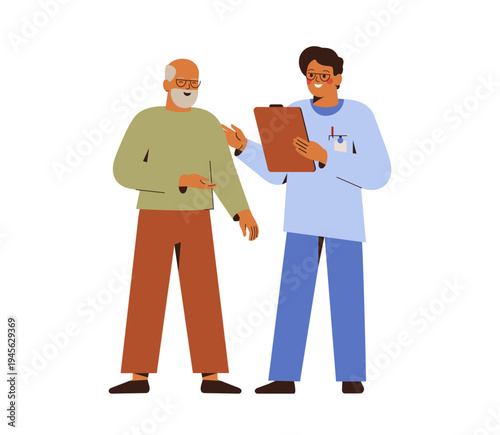 Doctor talks with senior happy man. Medical exam of elderly male patient in hospital. Physical and mental health support and care mature people. Vector illustration