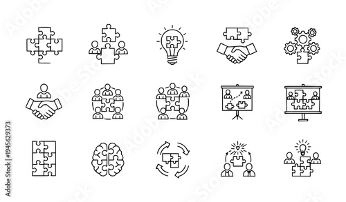 Puzzle and teamwork thin line icon set for collaboration strategy innovation and problem solving vector outline collection