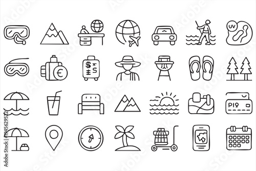 Vacation and Outdoor Travel Outline Icons for Holiday Design