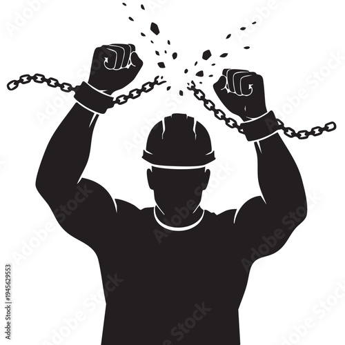 Construction worker breaking free from heavy chains with determination and effort