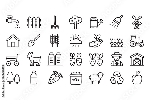 Agriculture Tools and Crop Farming Outline Icon Collection