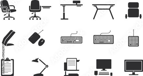 Office workspace equipment icons set with chair, desk, keyboard, mouse, computer monitor, clipboard and desk lamp vector collection