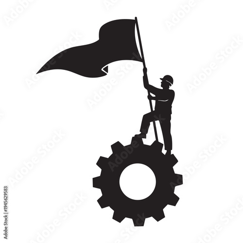 Worker raising flag atop a large gear symbolizing achievement and industry progress