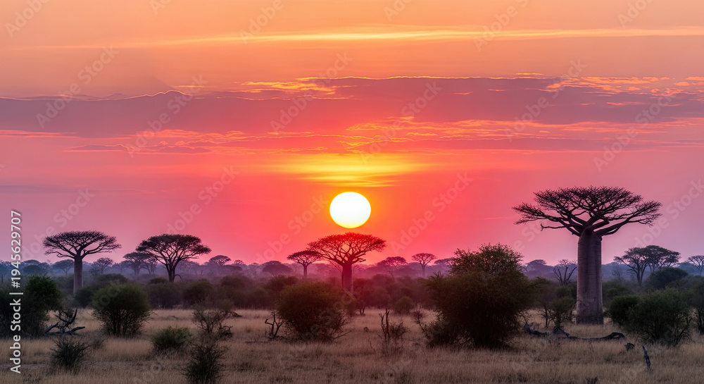 Fototapeta premium A serene savannah landscape at sunset with baobab trees and a vibrant orange sky