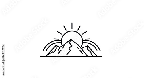 Mountain sunrise line art illustration