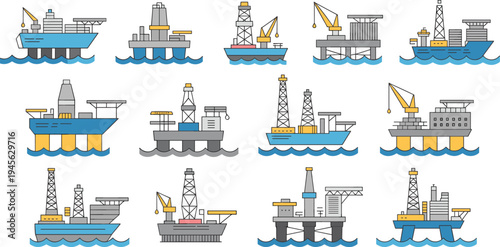 Offshore oil platform and drilling rig vector set with oil tanker ships, sea drilling platforms and petroleum industry offshore production illustration