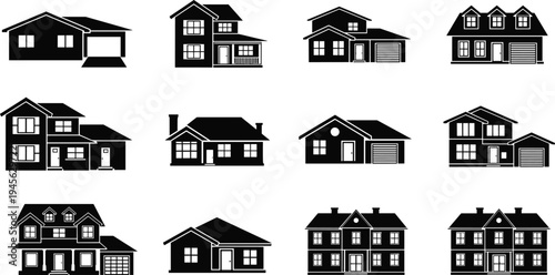 House silhouettes collection with modern residential homes, suburban buildings and real estate property icons set, architectural housing vector illustration isolated