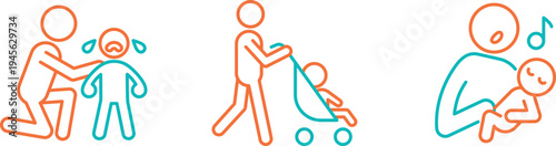Illustrations of caring for an infant through different comforting activities