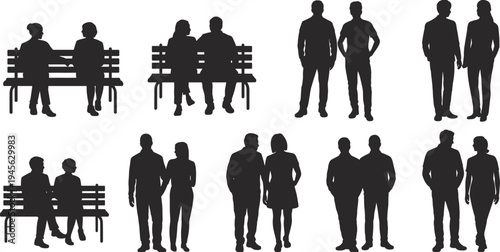 People silhouettes collection, couples and friends standing, walking and sitting on park bench, human interaction and lifestyle figures vector illustration set