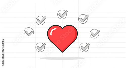 Red Heart Surrounded by Checkmarks on Grid Background