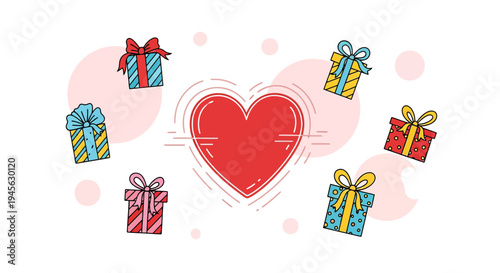 Red Heart Surrounded by Colorful Gift Boxes and Circles on White Background