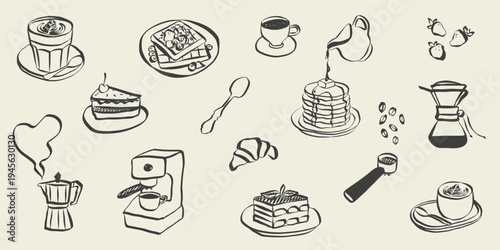 Whimsical coffee and breakfast doodles. Italian food with la dolce vita aesthetic in simple crayon and sketch style. Trendy art for menus and dinner brunch invitations. Coquette vector illustration