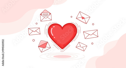 Red Heart Surrounded by Envelopes, Love Letters, Romance and Communication Concept