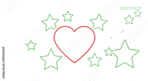 Red Heart Outline with Green Stars and Rating Stars on White Background