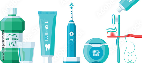 Illustration of dental hygiene products including mouthwash, toothpaste, toothbrushes, and dental floss, artwork concept for oral care, health, hygiene, and medical design projects