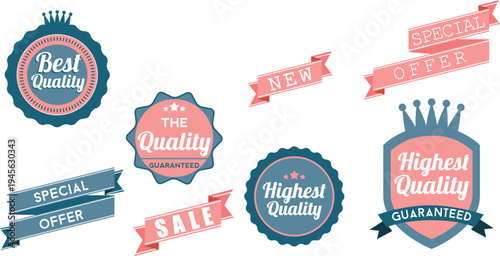 Colorful badges and banners highlighting quality and special offers in marketing designs