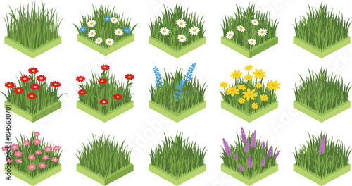 Illustration of sixteen square grass patches with colorful flowers including daisies, poppies, bluebells, carnations, and lavender, representing botanical artwork, garden design, and fl
