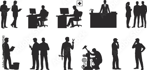 Professional people silhouettes set, business workers, office employees, technicians and mechanics working, meeting and communicating, workplace activity vector illustration collection
