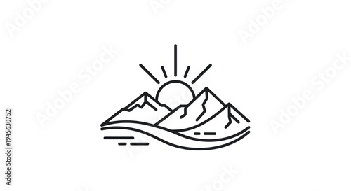 Mountain sunrise line art illustration