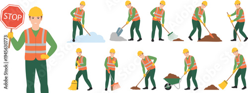 Road construction workers performing maintenance tasks set, traffic controller with stop sign, sweeping, digging, shoveling and cleaning street work vector illustration