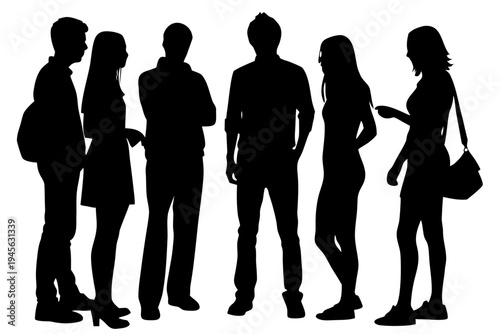 young adults standing together in conversation silhouette vector illustration