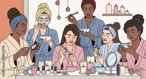 Diverse Friends Skincare Routine at Home Spa Party