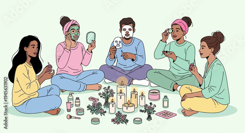 Diverse Group Applying Face Masks and Skincare Products During a Relaxing Home Spa Night