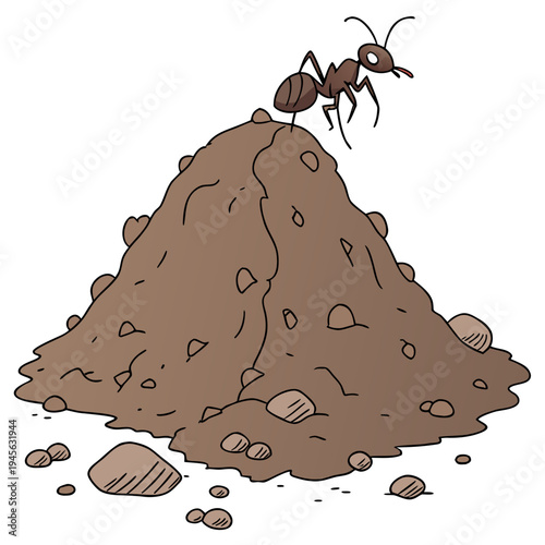 An ant on top of a large brown dirt mound