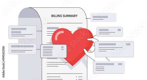 Red Heart on Billing Summary with Review Bubbles - Customer Care Concept