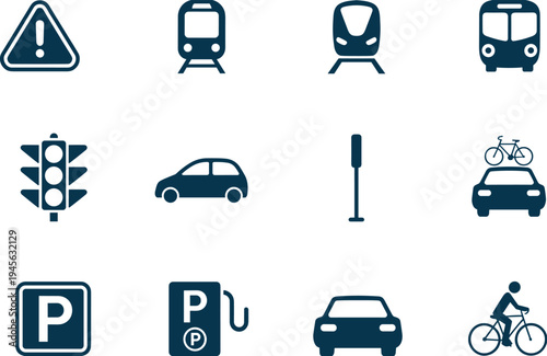 Transportation and traffic icons set including train, car, bicycle, parking sign, traffic light and warning symbol, urban mobility vector illustration