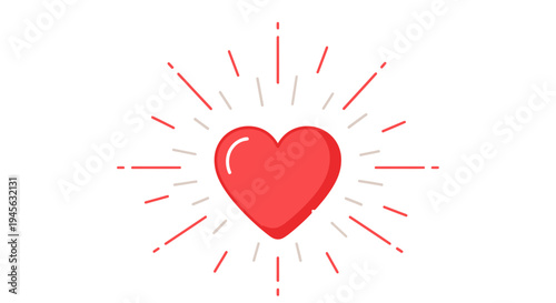 Red Heart Icon with Sunburst Rays on White Background - Love Symbol