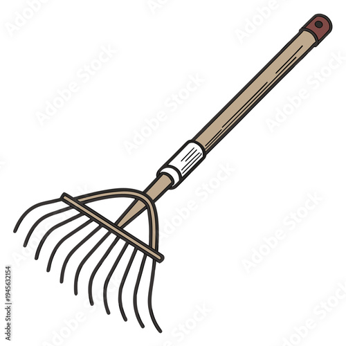 A garden rake with a wooden handle