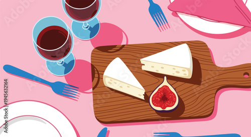Flat lay illustration of a cheese board with two brie wedges, a halved fig, and two red wine glasses, ideal for an elegant intimate dinner on transparent background. on transparent background