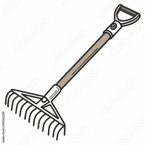 A garden rake with a long handle and metal tines