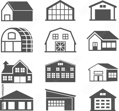Warehouse and barn building icons set including hangar, garage, storage depot and industrial warehouse structures vector collection for logistics facilities